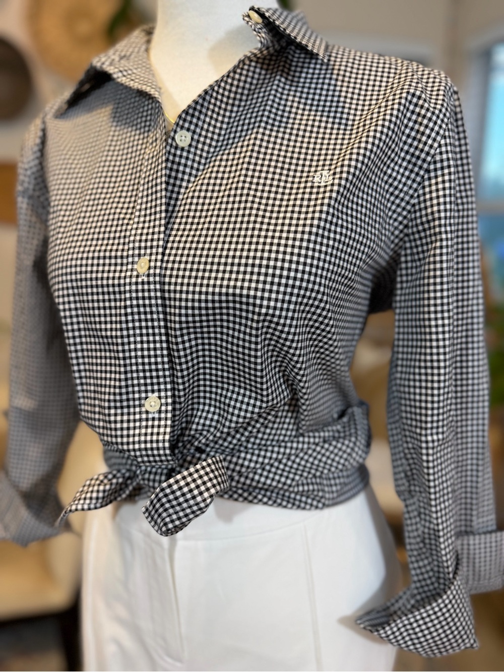 Lauren Ralph Lauren GINGHAM Button Up Shirt Top Black White Cotton Size S Preppy - Picture 3 of 10